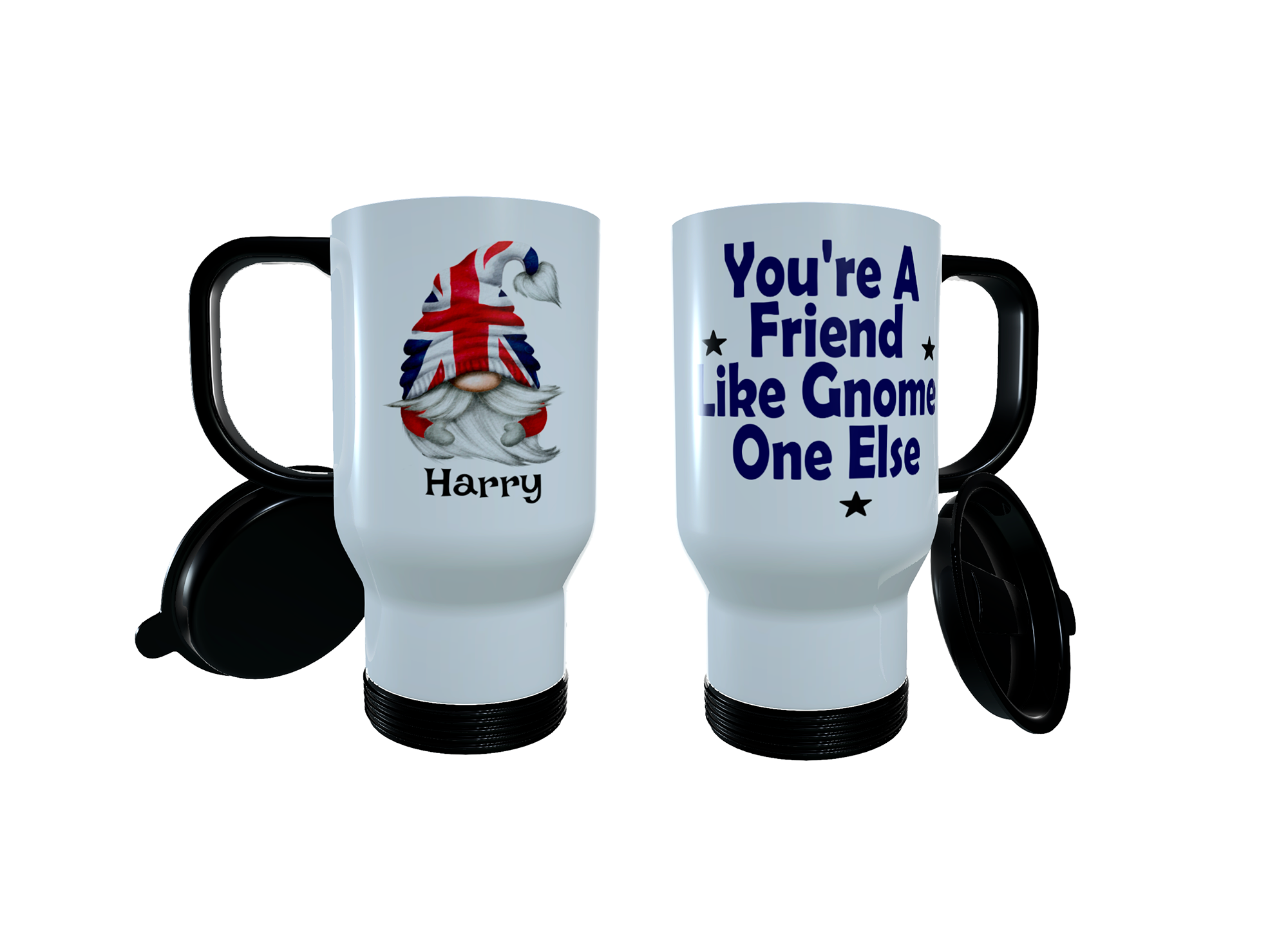 Union Jack Gnome Travel Mug, United Kingdom Gnome, UK Travel Mug - Click Image to Close